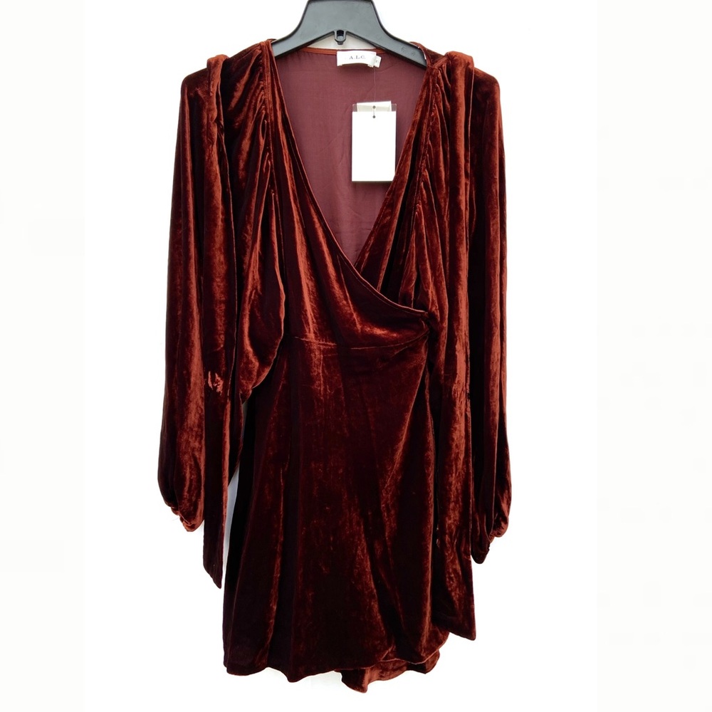 A.L.C. Carlo Cognac Rust Velvet Wrap Mini Dress - Picture 2 of 7